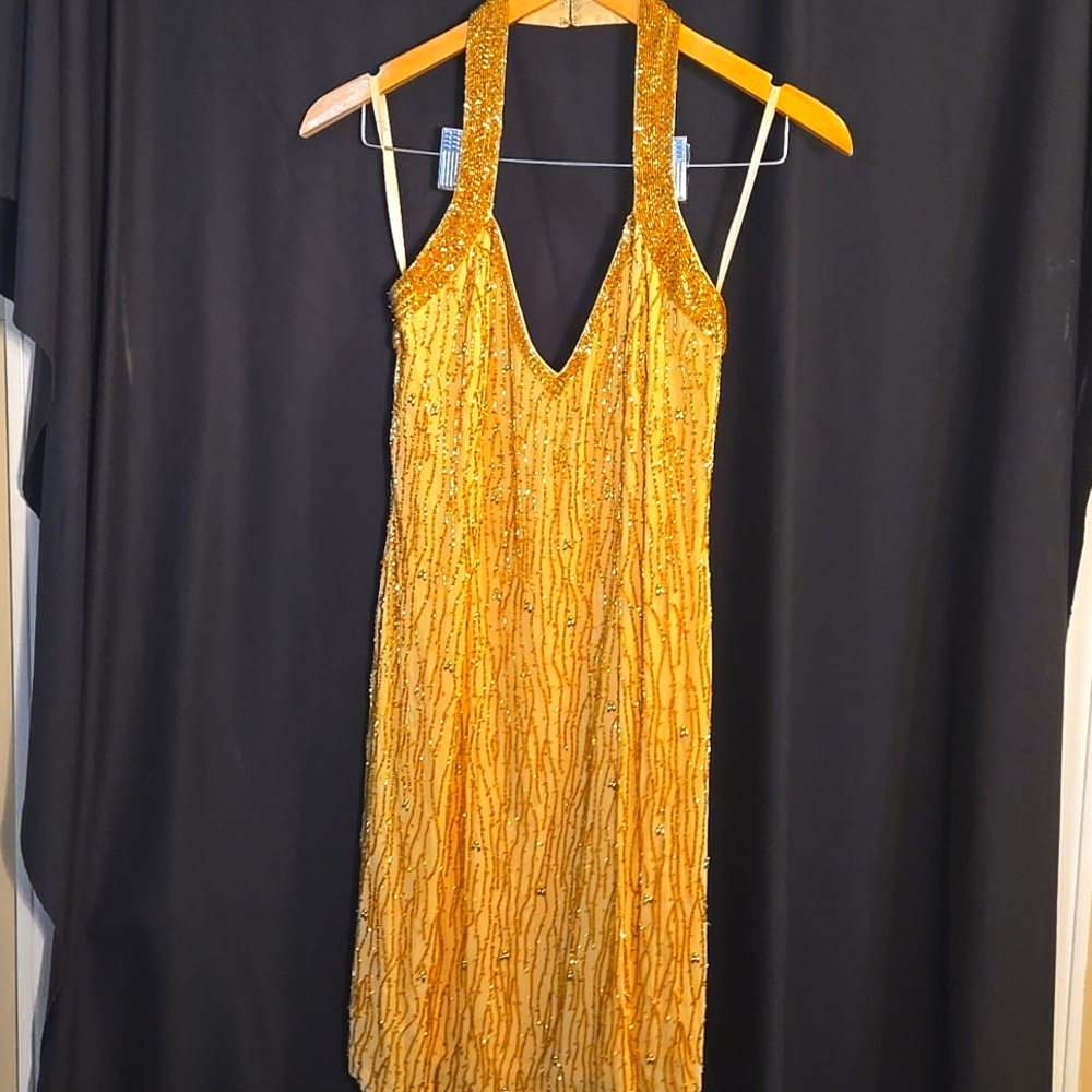 Gold beaded mini halter dress